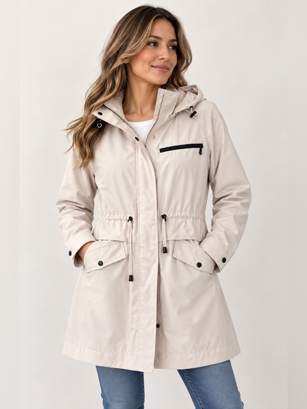 Two by Vince Camuto Women’s L Beige Hooded Raincoat Jacket Removable Hood